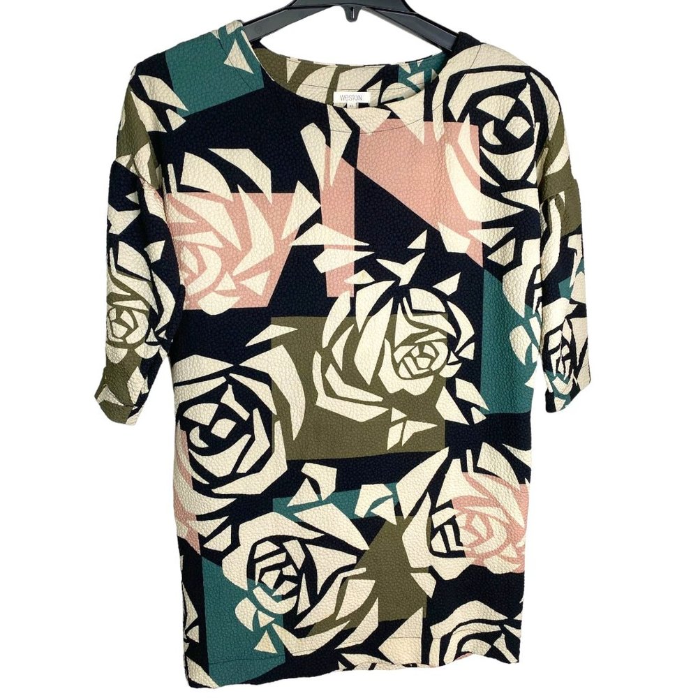 Weston Womens Black and Cream Floral Mod Print Top with 3/4 Sleeve Size XS